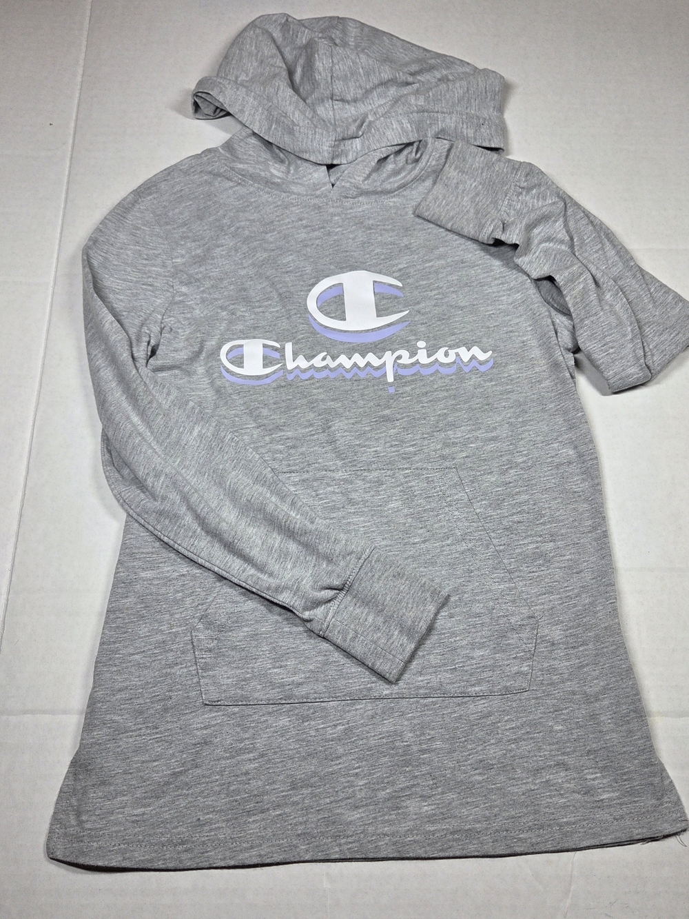 Champion Girls Light Gray Sweatshirt w White Logo and Purple Accent Size Large